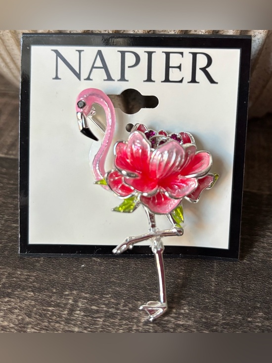 Napier Jewelry - Napier Silvertone Pink Flamingo Enamel Flower Brooch